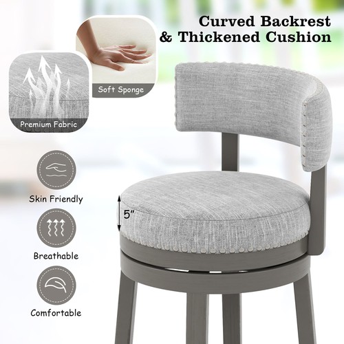 Upholstered Swivel Bar Stool Wooden Counter Height Kitchen Chair w/ Back Grey - Picture 6 of 8