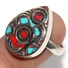 10gms Tibetan Turquoise Red Coral Nepali Tribal Ring Jewelry Size US 7 GW