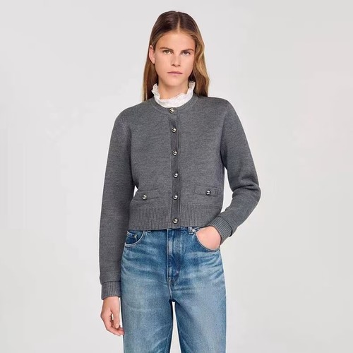Sandro Women's Rough selvedge Denim splice Crew neck sweater Cardigan Coats