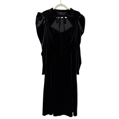 #ad Gothic Victorian Black Velvet Dress Size L Vamp Dark Romantic Long Steam Punk $18.00