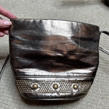 Vintage Purse Shoulder Bag Metallic Bronze Gold Accents Small With Strap 1980s