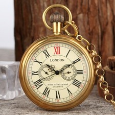 Men's Vintage Brass Mechanical Pocket Watch Open Face Roman Dial with Chain Gift