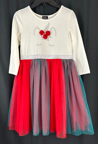 Lilt Red/Green/White Christmas Dress, Unicorn Face & Flowers, Girl's Size 10/12
