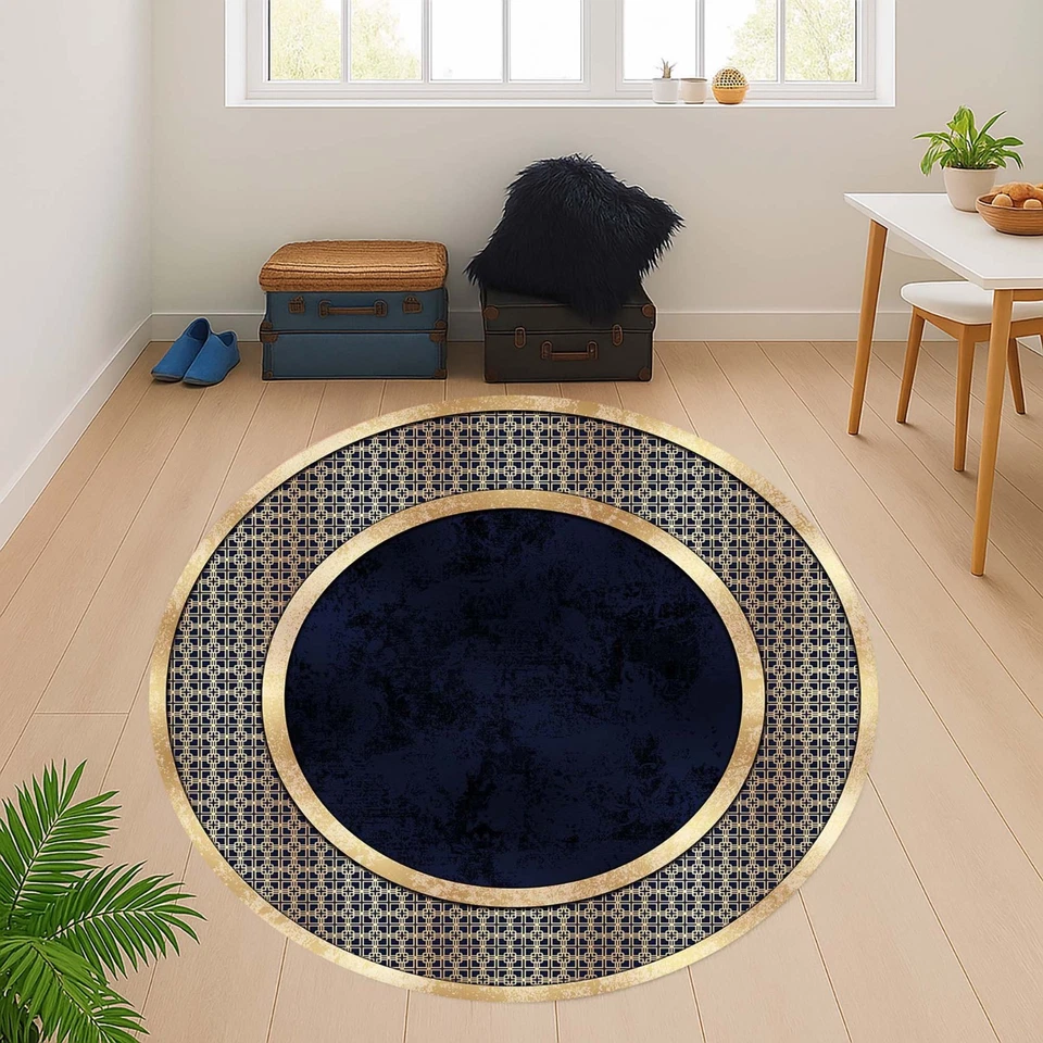 Modern Round Rug, Living Room Carpet, Navy Gold Circle Rug, Contemporary Rug - Image 2 of 4