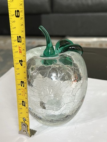 Clear Crackle Glass Apple Paperweight Decor Art Green Leaf Blenko? 3LBS 5”T - Picture 4 of 10