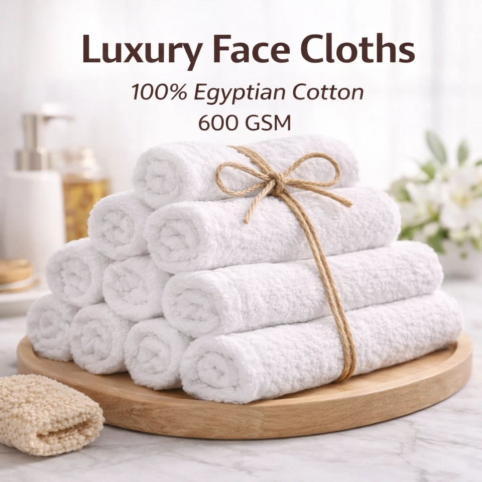 INDUS TEXTILES 12x Luxury 100% Egyptian Cotton Face Cloths 600 GSM Soft Wash Gym Towels Set
