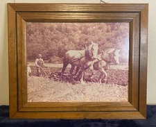Vtg Wooden Picture Frame Father And Son Plowing Field With Horses Farming 18X15