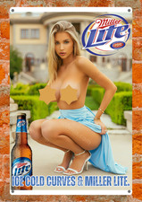 Ice Cold Miller Lite Beer Metal Sign Sexy Girl - Man Cave Bar Wall Decor Read De
