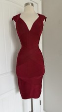 HERVE LEGER DARK RED V NECK BANDAGE BODYCON STRETCH DRESS SIZE XS