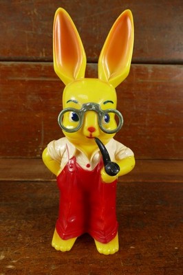 Vintage 1950s Knickerbocker Hard Plastic Bunny Bank 11.5  Glasses & Pipe