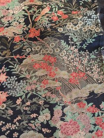 13"x64" Japanese  kimono silk fabric/ black, garden, birds, Chirimen Crepe RA47