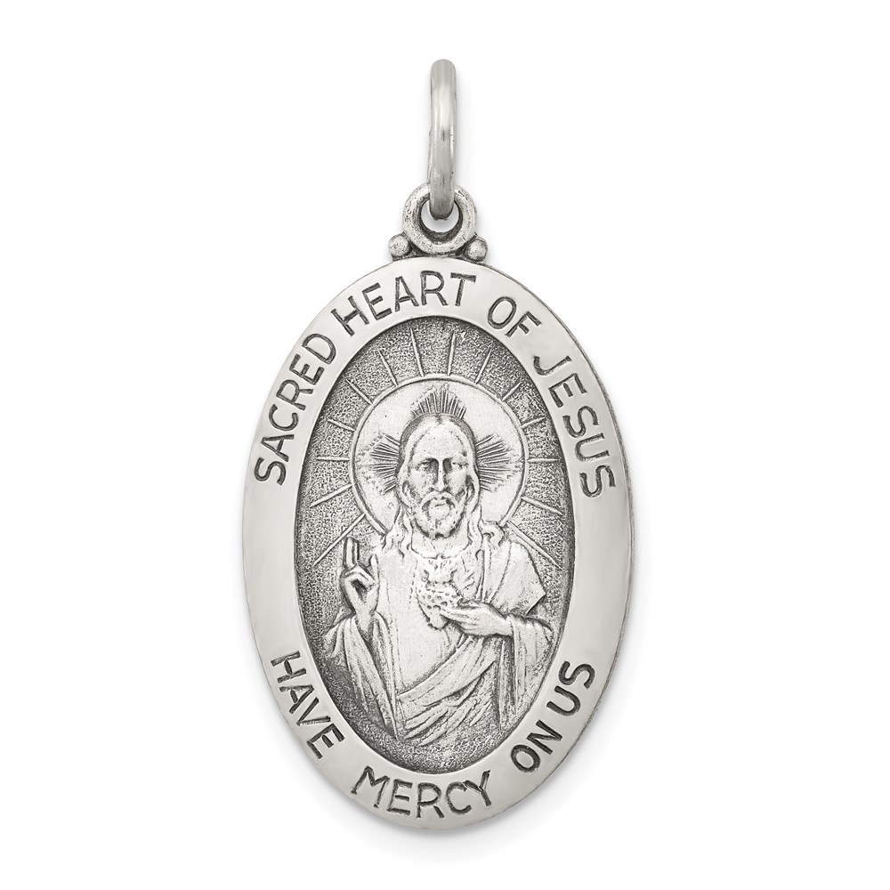 Sterling Silver Antiqued Sacred Heart of Jesus Medal Pendant 2.39gm L-1.03 Inch