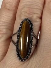 Vintage Sterling Silver Elongated Oval Tigers Eye Ring 5.25 Southwestern