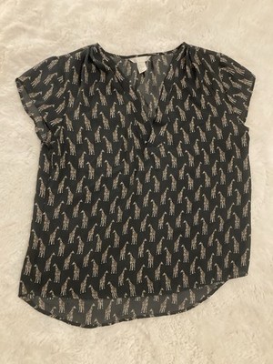 H & M Conscious Giraffe Print Split Neck Gray Tan Top Size 12 Business Casual 