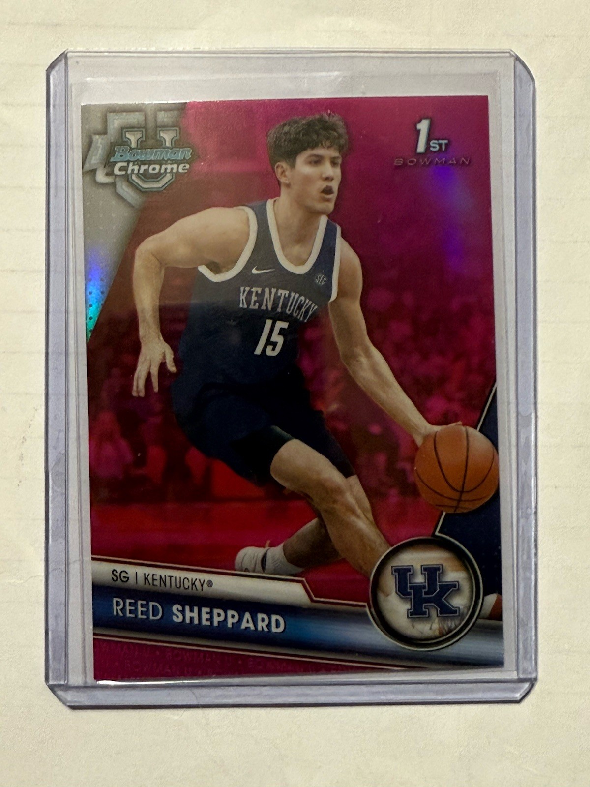 2023-24 Reed Sheppard Bowman U Chrome 1st Bowman Pink Refractor RC Kentucky (1)