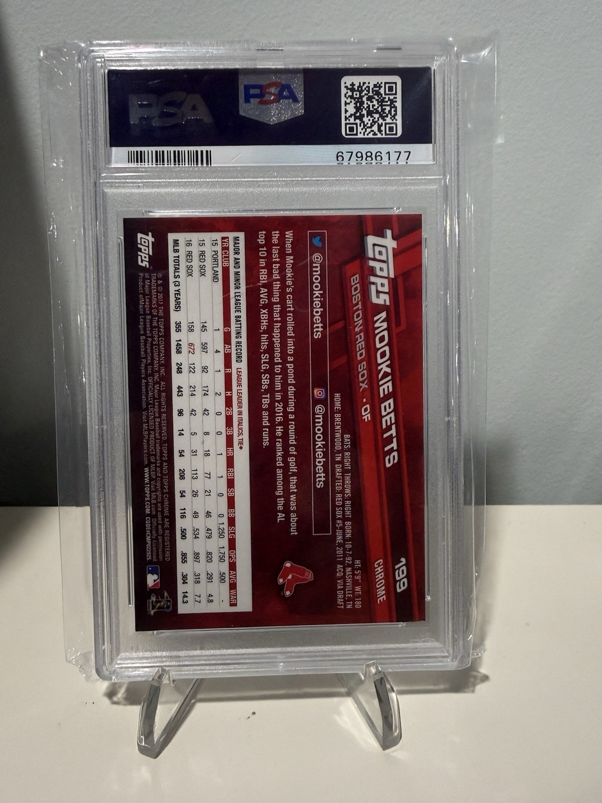 2017 Topps Chrome Mookie Betts #199 Blue Jersey Negative Refractor PSA 9 view 2