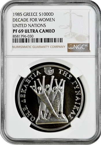 Greece 1000 drachmes 1985, NGC PF69 UC, "UN - Decade For Women" silver coin