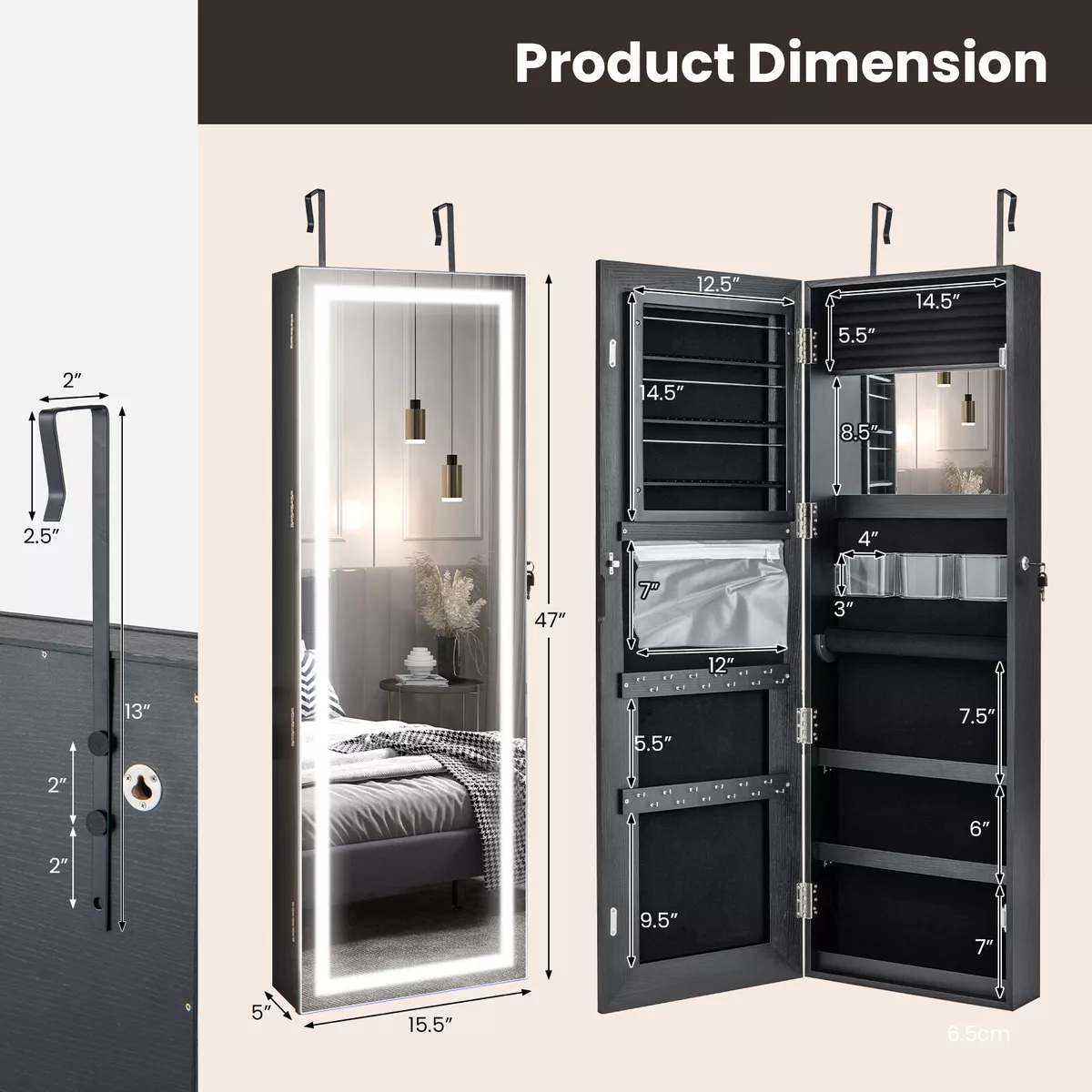 Door wall mount touch screen mirrored jewelry cabinet deals