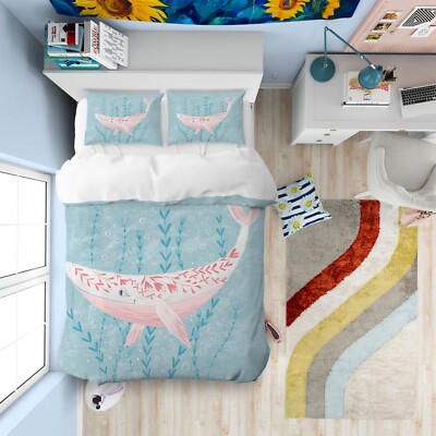 3D Cartoon Pink Whale A2954 Bed Pillowcases Quilt Duvet Cover Set Queen King Amy