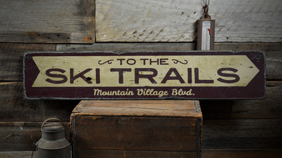 Ski Trails Arrow, Custom Skiing - Rustic Distressed Wood Sign