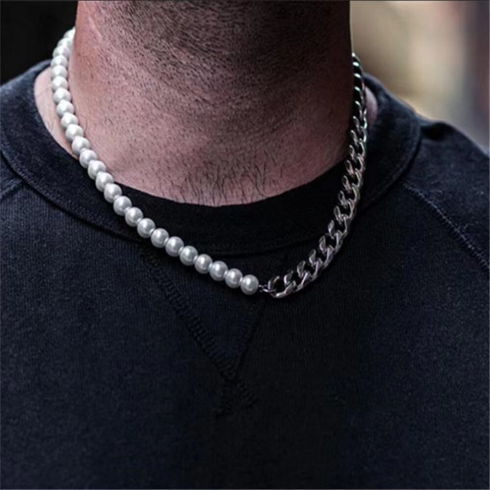 Men's Silver Pearl Cuban Link Chain Necklace Punk Biker Jewelry Stainless  Steel