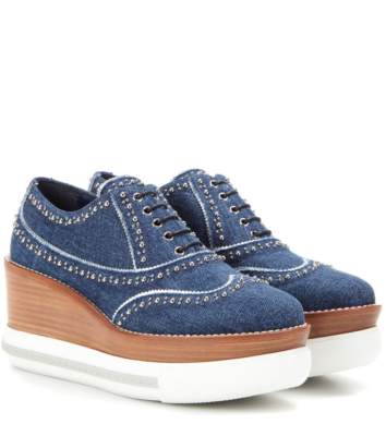 Miu Miu RARE DENIM PLATFORM Studded Wingtip Oxfords SNEAKERS EU 41