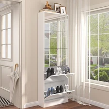 Shoe Cabinet Storage with Full Length Mirror，5 Tiers，Warm White