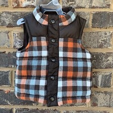 Gymboree Sleeveless Plaid Button Up Puffer Vest Infants 6-12m Brown Orange