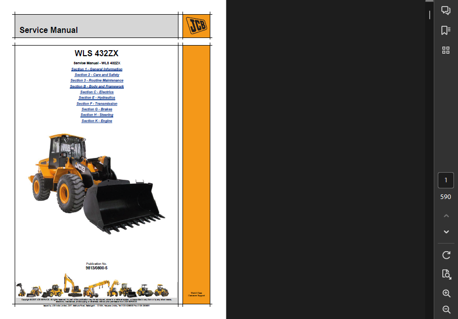 JCB 432ZX WHEELED LOADING SHOVEL SERVICE REPAIR SHOP MANUAL PDF