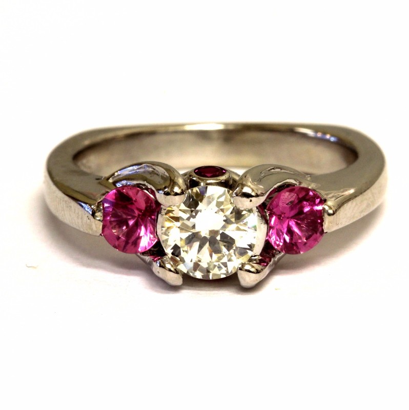 14k white gold .50ct SI1 M GIA certified diamond engagement ruby ring 3 stone 