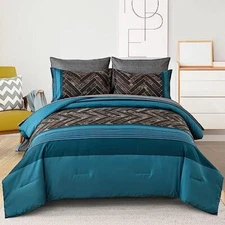  Comforter Set Size, 7 Pieces Blue and Black Stripe Bed in a Queen Teal Blue
