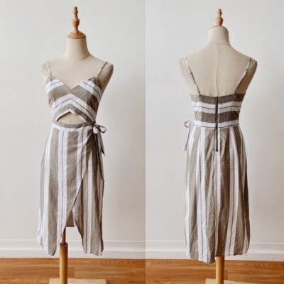 EXPRESS Cut Out Stripe Faux Wrap Cotton Midi Dress Olive White Women's Size  4 | eBay