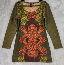 Papillon Sweater Dress Womens Medium Green Paisley 3/4 Sleeve Boho Hippie Mini