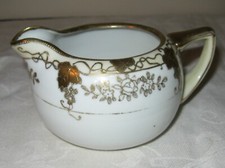Vintage NIPPON China Creamer Pitcher White Hand Painted Flowers Gold Trim Japan
