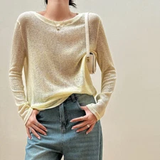 Summer Women's Thin Sunscreen Shirts Linen Loose Knitted Long Sleeved T-shirts