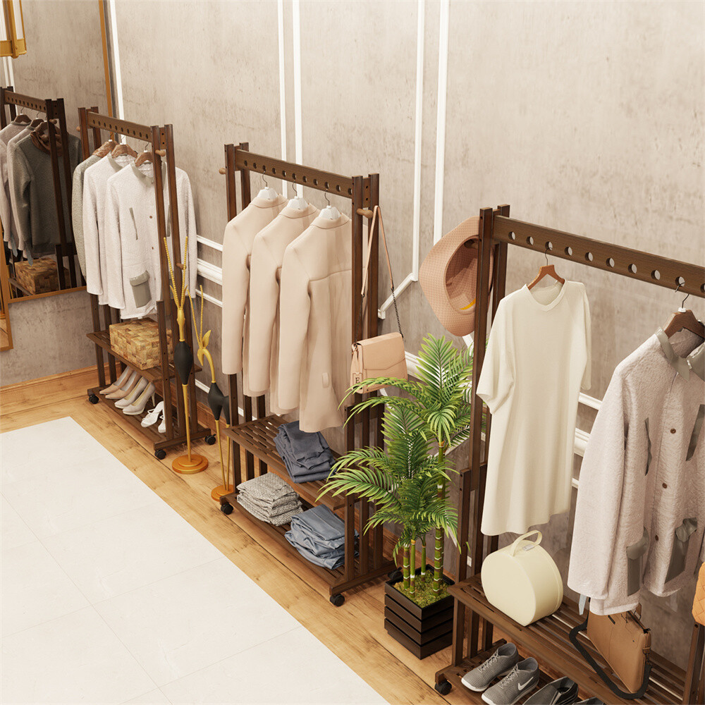 XL Movable Solid Wood Clothes Rack Clothing Rack with Shelf Hook