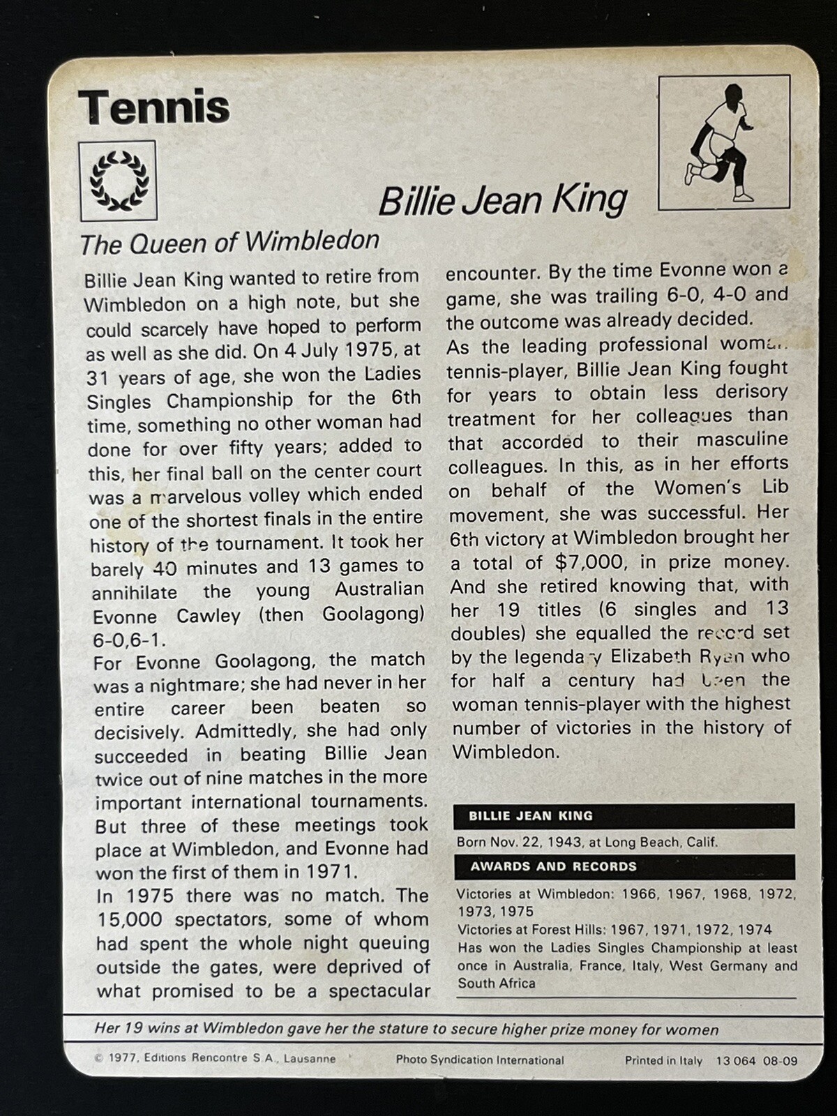 BILLIE JEAN KING SPORTSCASTER TENNIS CARD SPORTS ORIGINAL Signed Auto ...