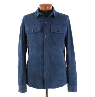 Isaia NWD 100% Lamb Suede Leather Overshirt Size 54R (XL US) In Solid Blue