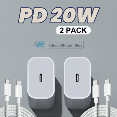 2x Dual USB-C Fast Charger For iPhone 15 Plus 16 17 Pro Max 20W Cube Type-C Cord