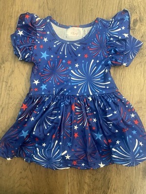 Mila & Rose red, white, & blue firework Ruffle-Sleeve Baby Dress 3-6m EUC