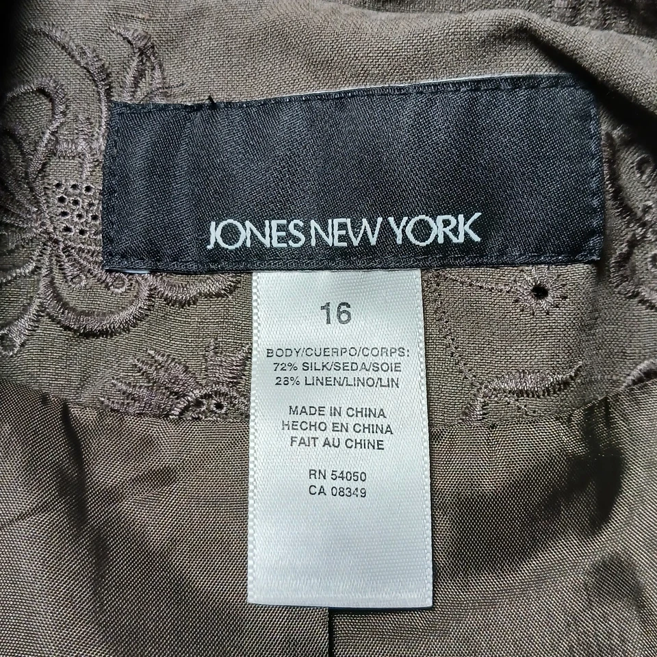 Blazer Jones New York Seda Lino Verde Oliva Floral Mujer Talla 16 Bordado Foto 3 de 4