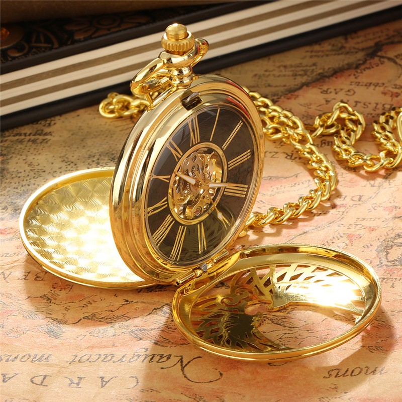 Mens Pocket Watch Mechanical Double Hunter Skeleton Short Chain Christmas Gifts