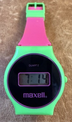 Vintage Quartz Promotional Maxell Digital Watch In Neon Green And Pink.