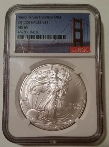2012 (S) 1 oz Silver Eagle Dollar MS69 NGC Golden Gate Bridge Label