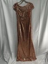 Rose Gold Sequin Evening Gown Dress - Open Back Cowl Neck - SizeSFormal