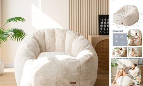 Giant Bean Bag Chair, Oversized Bean Bag Couch for Adults and Kids, Faux Fur