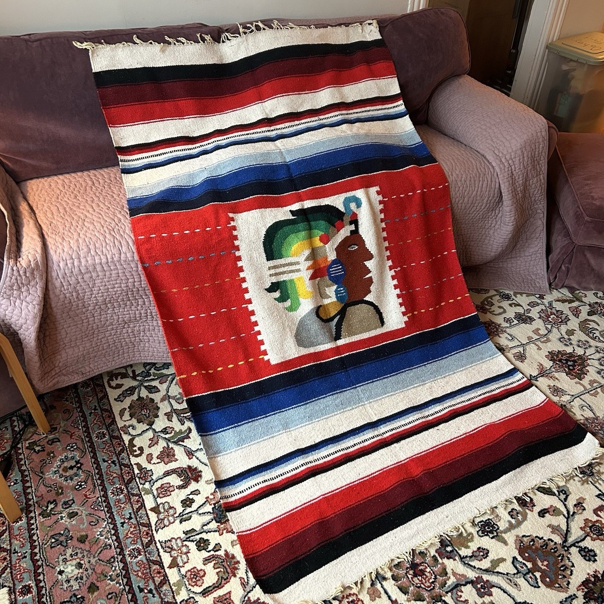 Vintage 80s Mexican Handmade Wool Tapestry Blanket Throw Chieftain 
