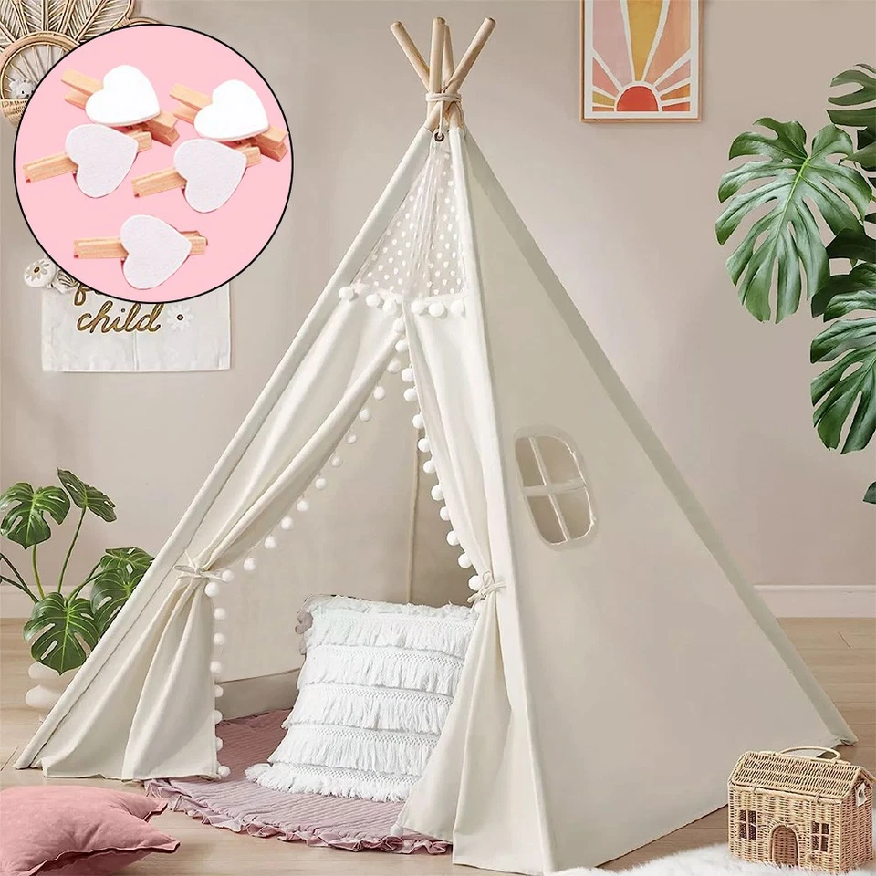 160CM Large Canvas Kids Teepee Star Wood Indian Tent Child In/Outdoor Play House