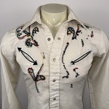 Vtg 60s 70s Sears Pearl Snap Shirt Western Embroidery Yoke Rockabilly Men Medium