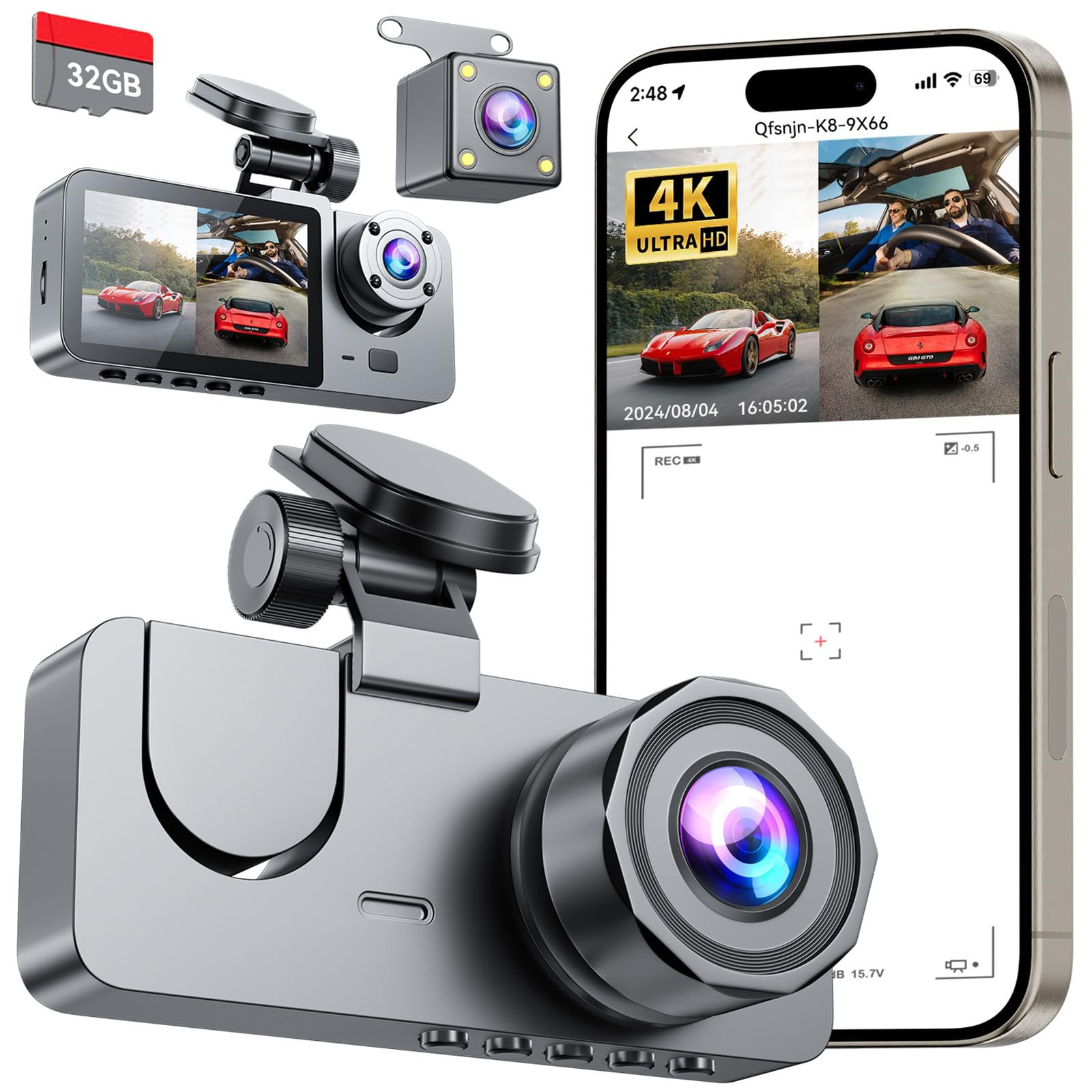 3 Channel 4K UHD Dash Cam for Cars with Front Rear and Interior Views